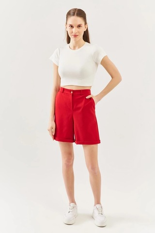 Kadın Kısa Kol Bisiklet Yaka Vücuda Oturan %100 Pamuklu Kaşkorse Esnek Crop Bluz Beyaz