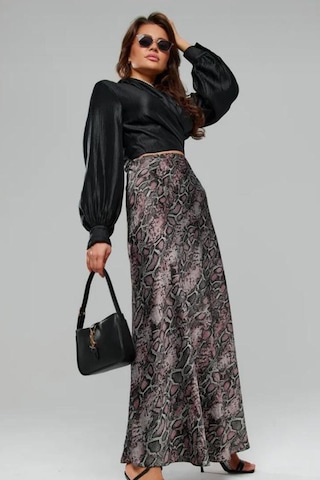 Madmext Lila Desenli Saten Kadın Uzun Etek Mg2333 Lila