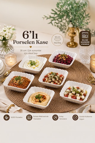 Porsima Yl-1750n 6'lı Porselen Salata Kasesi Seti 16 Cm Çok Amaçlı Servis Kasesi Beyaz