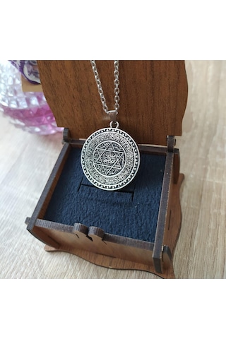 Mührü Süleyman Ve Tılsımı Yazılı Kolye Gümüş Rengi Gümüş