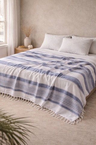 Çift Kişilik Pike 180x220 Cm Çizgili Çok Renkli %70 Pamuk %30 Polyester Dört Mevsim Kullanım Türkiye Üretim Tek Parça Pike İndigo