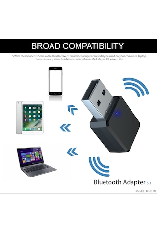 Cbtx KN318 Bluetooth 5.1 Çift Çıkış AUX USB Stereo Ses Alıcısı