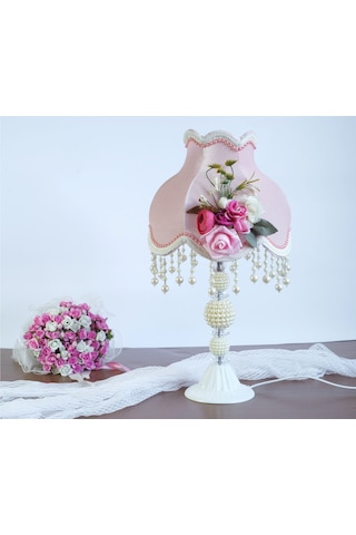 Dekovien Kadife Kaplı Çiçek Dekorlu Abajur Pembe İncili Model