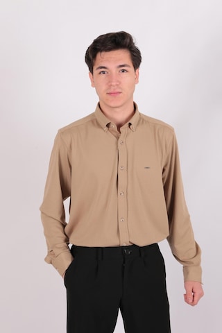 Twın Lıon Twin Lıon 408 Slimfit Örme Armürlü Düz Gömlek Bej