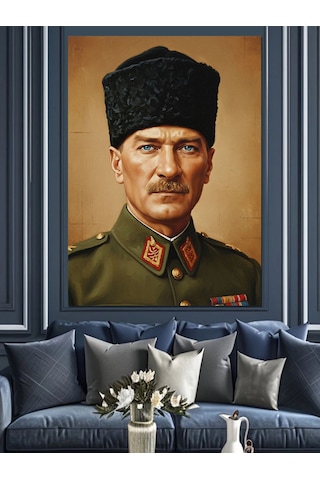 Asker Üniformalı Atatürk Portresi Dekoratif Kanvas - Mdf Ahşap Tablo
