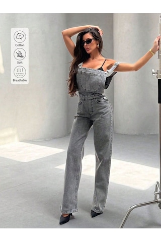 Shevega Kadın Kar Siyah Kanguru Cep Bol Paça Kot Bahçevan Tulum Siyah