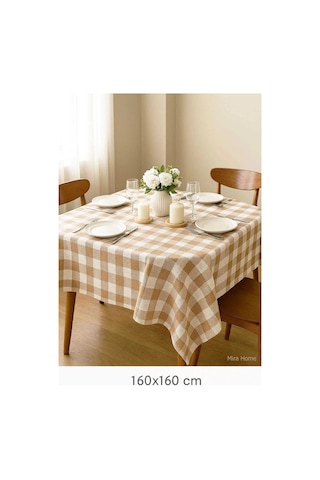 Fiber Kareli Masa Örtüsü Sofra Bezi Ekose Desen 160x160 Cm Bej Çok Renkli