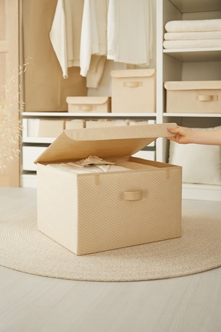 Ocean Home Textile Bej Balıksırtı Kapaklı Kutu 48 x 40 x 30 cm