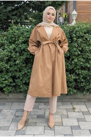 Uzak Store Kadın Tesettür Camel Trençkot Kuşaklı Rahat Kalıp Yeni Sezon Bej