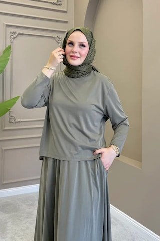 Balenbi Kadın Modal Kumaş Rahat Kalıp Lastikli Bel Etekli Tesettür Takım 1221 - Premium Seri Haki