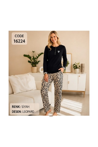 Melodi Kadın Standart Kalıp %100 Pamuk Düğmeli Yaka Uzun Kollu Baharlık Pijama Takımı 16224 - 1 Adet Siyah