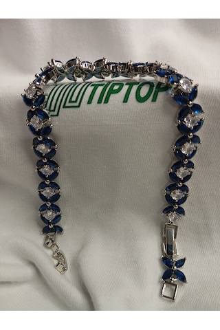Tiptop/ Rodyum Kaplama 3mm Kare Mavi Zirkon Taşlı Su Yolu Bileklik Gümüş