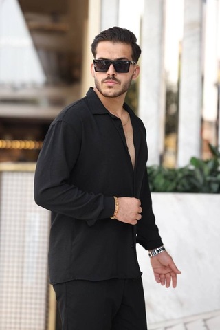 Tex Republic Erkek Siyah Rahat Kesim Dokulu Oversize Salaş Aerobin Gömlek Siyah