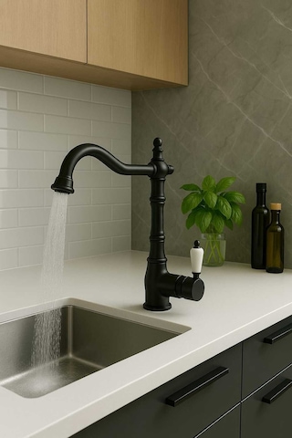 Rudi Armatür 360 Döner Gövdeli Üstün Kalite Pirinç Malzeme Rustik Eviye Bataryası Siyah