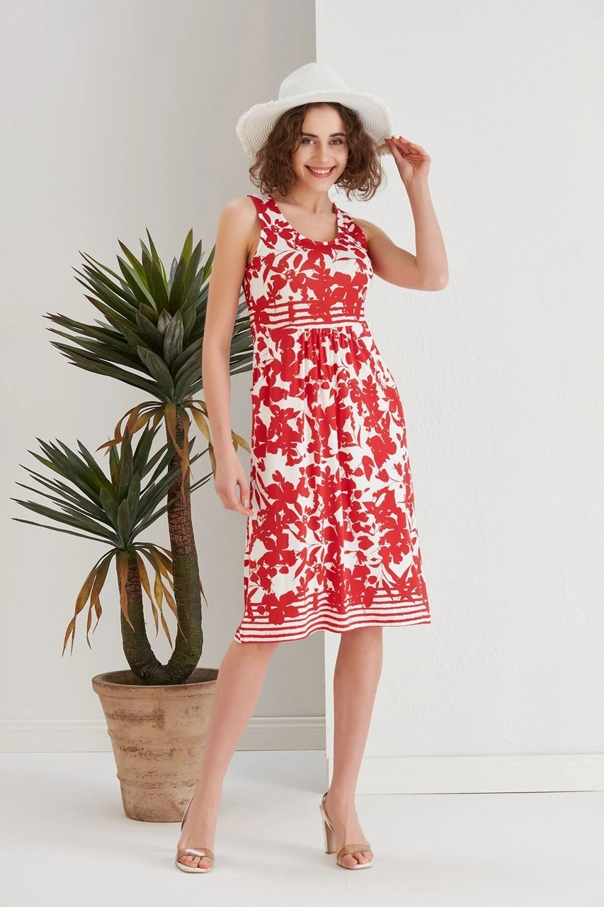 Kadın Kırmızı Çiçekli Cepli Spor Şık Kolsuz Viskon Curve Büyük Beden Günlük Elbise Beyaz