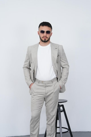 Dupont Classics Dupont Slim Fit Sivri Yaka 6 Drop Çift Yırtmaç Çizgili Viskon Kruvaze Erkek Takım Elbise Açık Gri