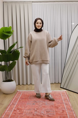 Moonsc Oversize Sweat 3 İplik Şardonlu Bej