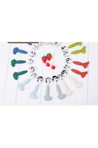 Jianfan Karikatür Mama Kasesi Seti Bebek Silikon Kaşık Çatal Paslanmaz Çelik Yeşil Yeşil