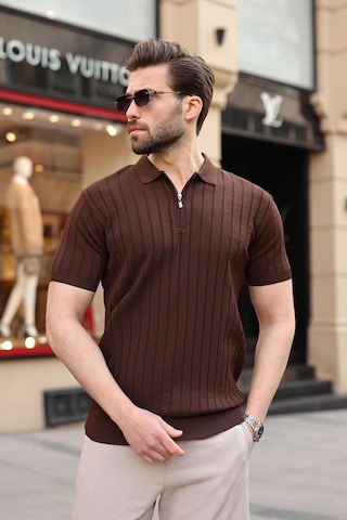 Kahverengi Polo Yaka Slim Fit Triko Erkek Tişört E7465 Kahverengi
