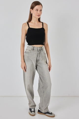 Hiccup Bdart Kare Yaka Ribana Örgü Crop Top Siyah