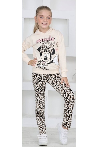 Lolliboomkids Kız Çocuk Kapüşonlu Mickey Karakter Baskılı Leopar Taytlı Sweatshirt Alt Üst Takım Leopar