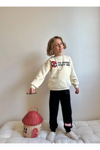 Miniko Kids Erkek Çocuk Örümcek Adam Baskılı 3 İplik Şardonlu Eşofman Takımı Ekru