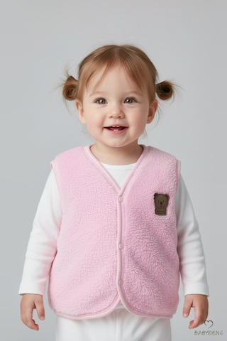 Babyden's 2 Li Welsoft Yelek Seti Kız Bebek Çocuk Ayıcık Armalı Peluş Yumuşak Kışlık Yelek Ekru - Pembe