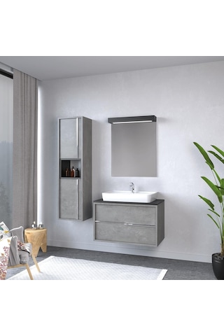 Denko Matia 80 Cm Mdf Retro Gümüş Banyo Banyo Dolabı Takımı + Boy Dolabı Gümüş