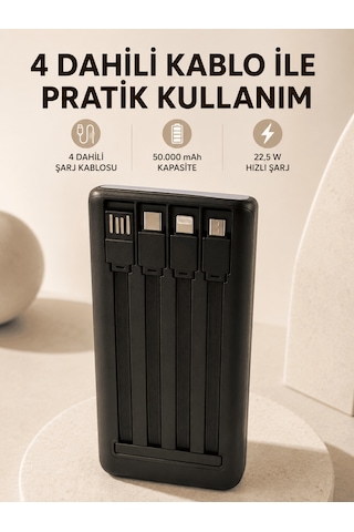 Tek Hızlı Şarj Powerbank 50.000 Mah 4 Dahili Kablolu Led Aydınlatmalı Dijital Göstergeli Taşınabilir Batarya Naj