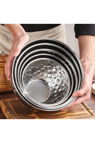 Qerhome 3'lü Paslanmaz Çelik Dövme Kore Stili Karıştırma Kabı 20-24-28 Cm Gümüş Gold