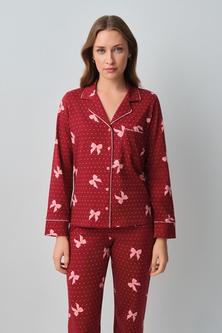 Suwen Teddy Ribbon Gömlek Yaka Pijama Takımı Wsh10510135978 Kırmızı Kalpli