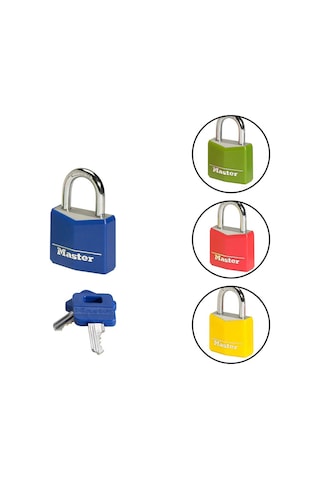 Master Lock Anahtarlı Asma Kilit Masif Alüminyum Vinil Kaplamalı, Mavi, Sarı, Kırmızı, 5,2 Cm X 3 Cm X 1,6 Cm