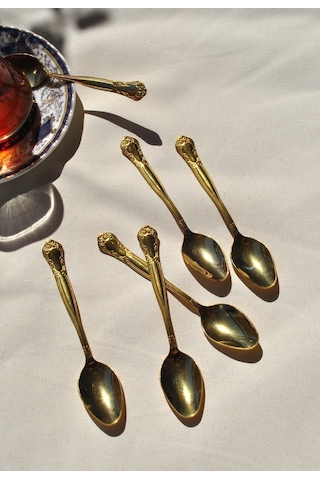 6'lı Sultan Paslanmaz Çelik Gold İşlemeli Çay Kaşığı Seti 6 Kişilik