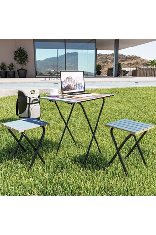 Bino Bino Masa Sandalye Bistro Set Yükseklik Ayarlı Ahşap 3'Lü Set Mavi