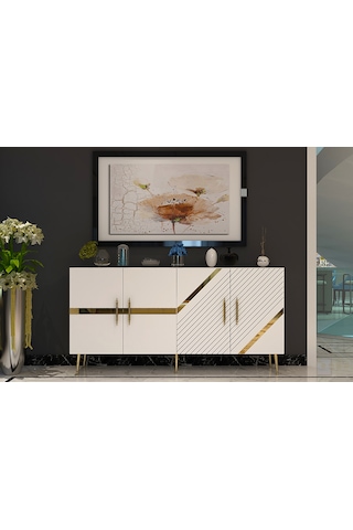 Pınar Konsol Tv Sehpası Çok Amaçlı Dolap 150 Cm Beyaz Altın