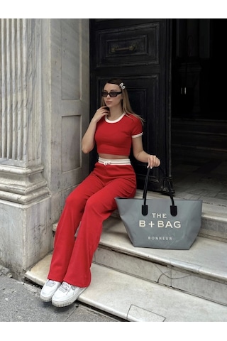 Crop Pantolon Biyeli Takım Kırmızı Kırmızı