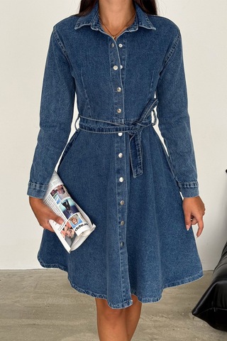 Noa & Noa Kadın Kuşaklı Düğmeli Denim Elbise Timeless Fit Mavi