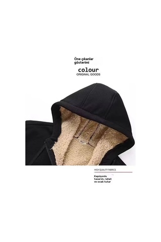 Erkek Kışlık Fermuarlı Kapüşonlu Hırka Sweatshirt Siyah