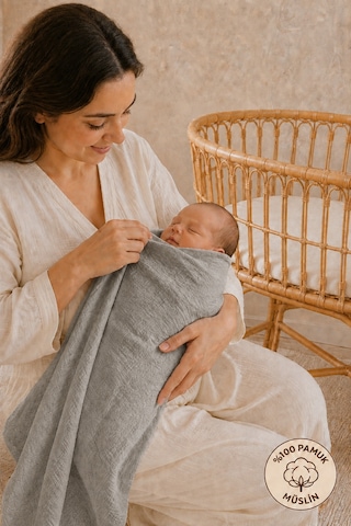 Çift Katlı %100 Organik Pamuk Bebek Yenidoğan Çok Amaçlı Müslin Örtü & Battaniye 80x90 Cm Oeko-tex Sertifikalı Bej