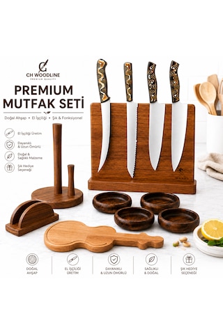 CH woodline 4 Parça Profesyonel Mutfak Bıçak Seti 4116 Alman Çelik, Verzalit Sap, Mıknatıslı Epoksi Standlı, Nusret Şef, Santoku, Guyuto, Ekmek Bıçağı + Ceviz Kase, Kesme Tahtası Ve Peçete çok renkli