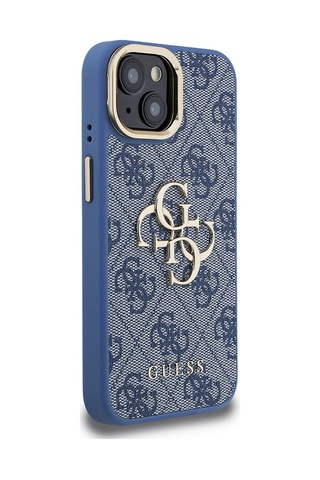 Apple iPhone 15 Uyumlu Kılıf Guess Lisanslı Metal 4g Ve Yazı Logolu Kamera Standlı Kapak Mavi