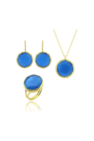 Beyisa Güneş Taşı Serisi Yuvarlak Mavi Renkli Kadın Otantik Gümüş Üçlü Takı Seti