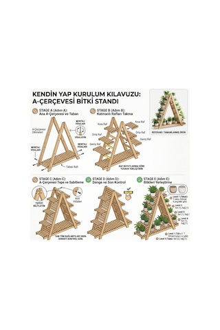 150x150 Cm Dev Boy Masif Ahşap A Formlu Çiçeklik Standı - 11 Bölmeli Bahçe Balkon Saksı Rafı Bej