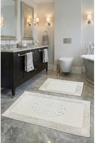 Pamukkent Süper Emici 2'li%100 Pamuk Ultra Lüks Banyo Paspası Seti 60x100 Cm Ve 50x60 Cm Beyaz Çok Renkli