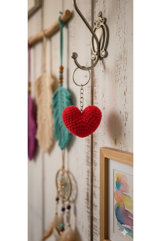 El Yapımı Amigurumi Kırmızı Kalp Anahtarlık & Çanta Süsü