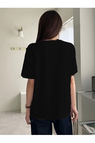 Çift Kalp Logo T-shirt - Siyah Baskılı Oversize Bisiklet Yaka Kısa Kol Tişört Siyah