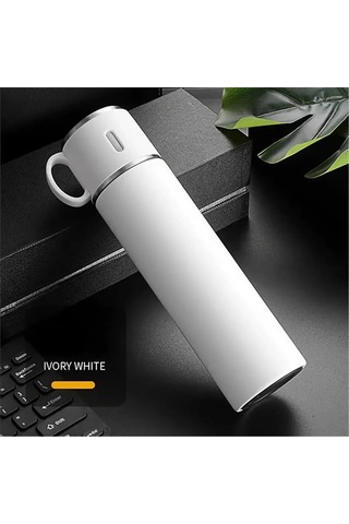 Kişiselleştirilebilir 3 Bardaklı Çelik Termos 05 Lt Beyaz Beyaz