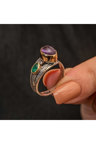 Blackcraft Gümüş Ametist Taşlı Zümrüt Otantik Ayarlanabilir Kadın Yüzük Bc-a62bb7 Renkli