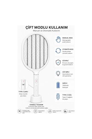 Glr Ltd-718 Beyaz Elektrikli Sinek Raketi 1200mah Bataryalı, Type-c Şarjlı, Dijital Ekranlı Sinek Ö