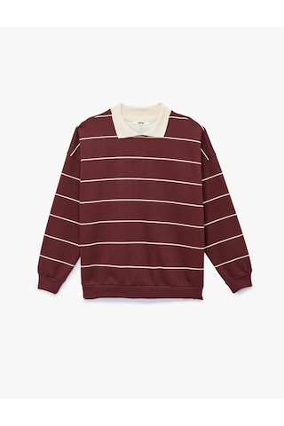 Koton Uzun Kollu Polo Yaka Oversize Sweatshirt Bordo Çizgili 6wal10231ık Bordo Çizgili